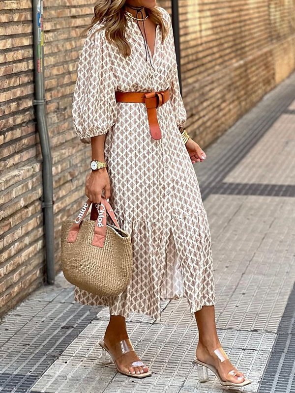 Women Geometric Puff Sleeve Summer Printing Dress V Neck Short Sleeve Shirt Dress A-Line Dress