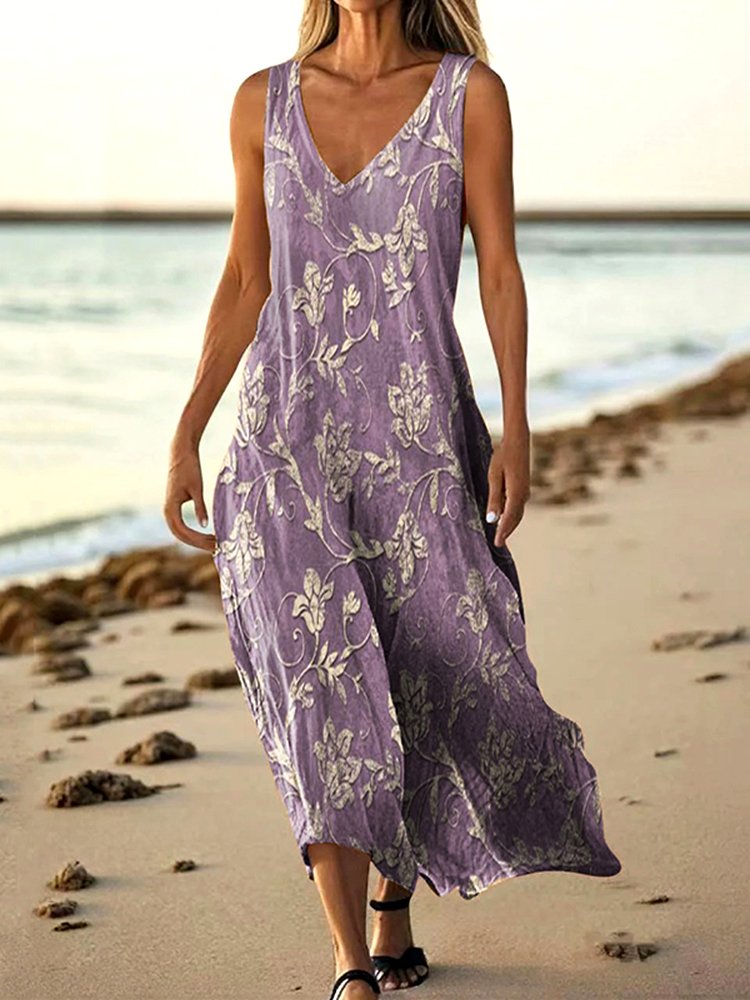 Women Floral Summer Dress V Neck Sleeveless A-Line Dress