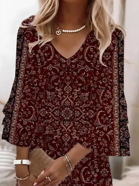 Women Floral Summer Printing Dress V Neck Half Sleeve H-Line Dress