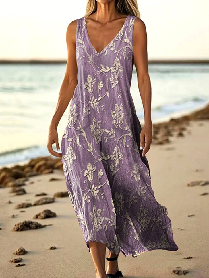 Women Floral Summer Dress V Neck Sleeveless A-Line Dress