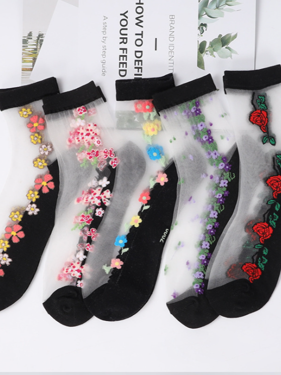 Hot Sale Women's Medium Tube Crystal Stockings Spring And Summer Thin Embroidered Glass Silk Women's Stockings Middle-aged And Elderly Non-slip Socks