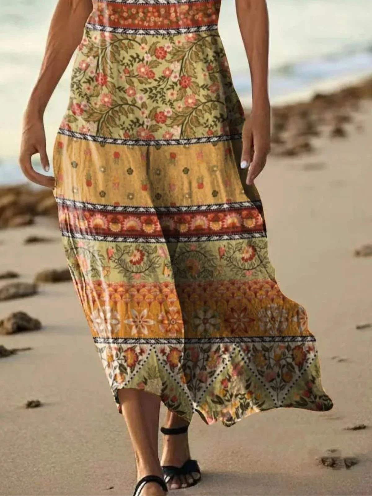 Women Floral Summer Dress V Neck Sleeveless A-Line Dress