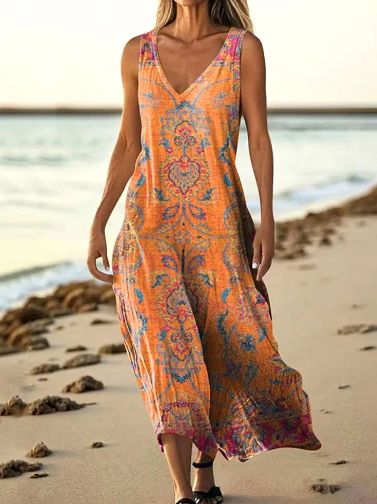 Women Floral Summer Dress V Neck Sleeveless A-Line Dress