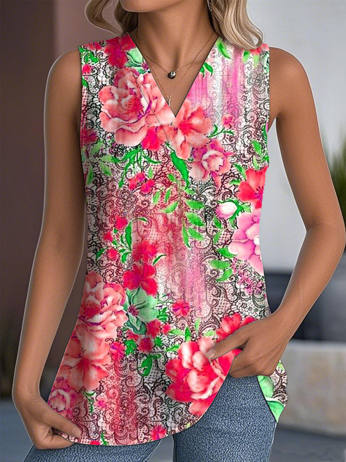 Casual V Neck Floral Tank Top
