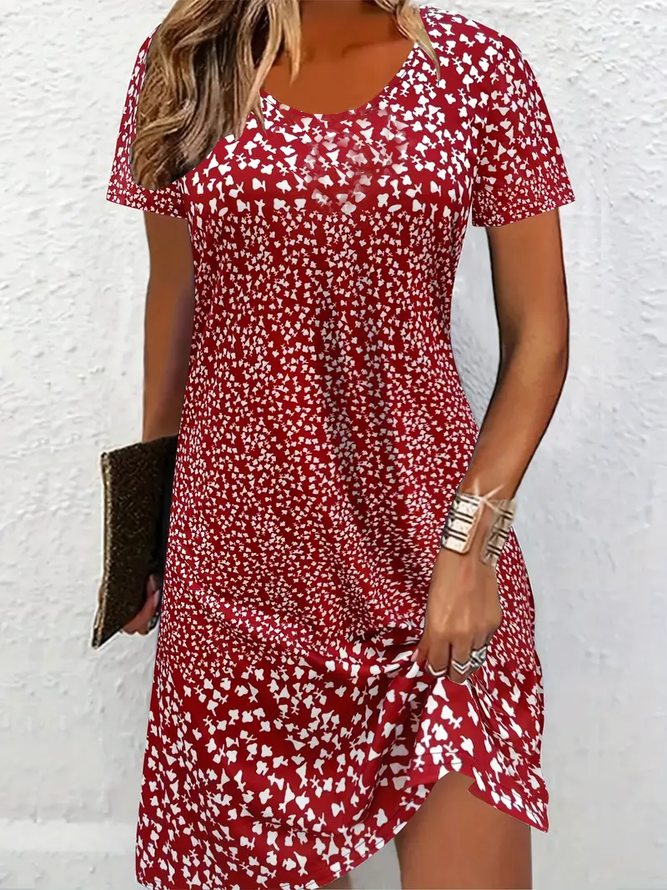 Women Ditsy Floral Summer Printing Dress Crew Neck Short Sleeve Tunic H-Line Dress