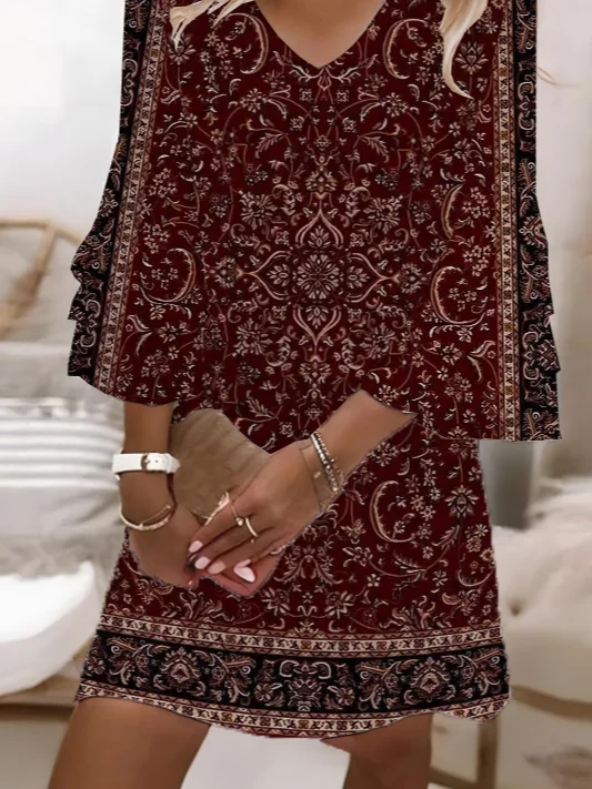 Women Floral Summer Printing Dress V Neck Half Sleeve H-Line Dress