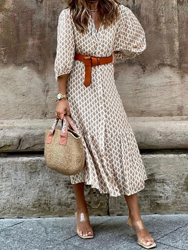 Women Geometric Puff Sleeve Summer Printing Dress V Neck Short Sleeve Shirt Dress A-Line Dress