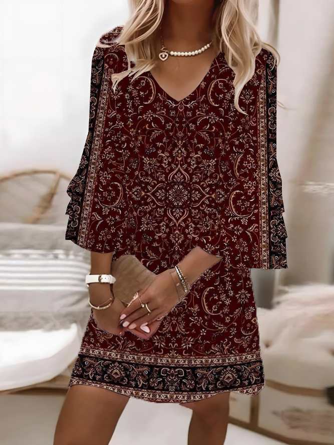 Women Floral Summer Printing Dress V Neck Half Sleeve H-Line Dress