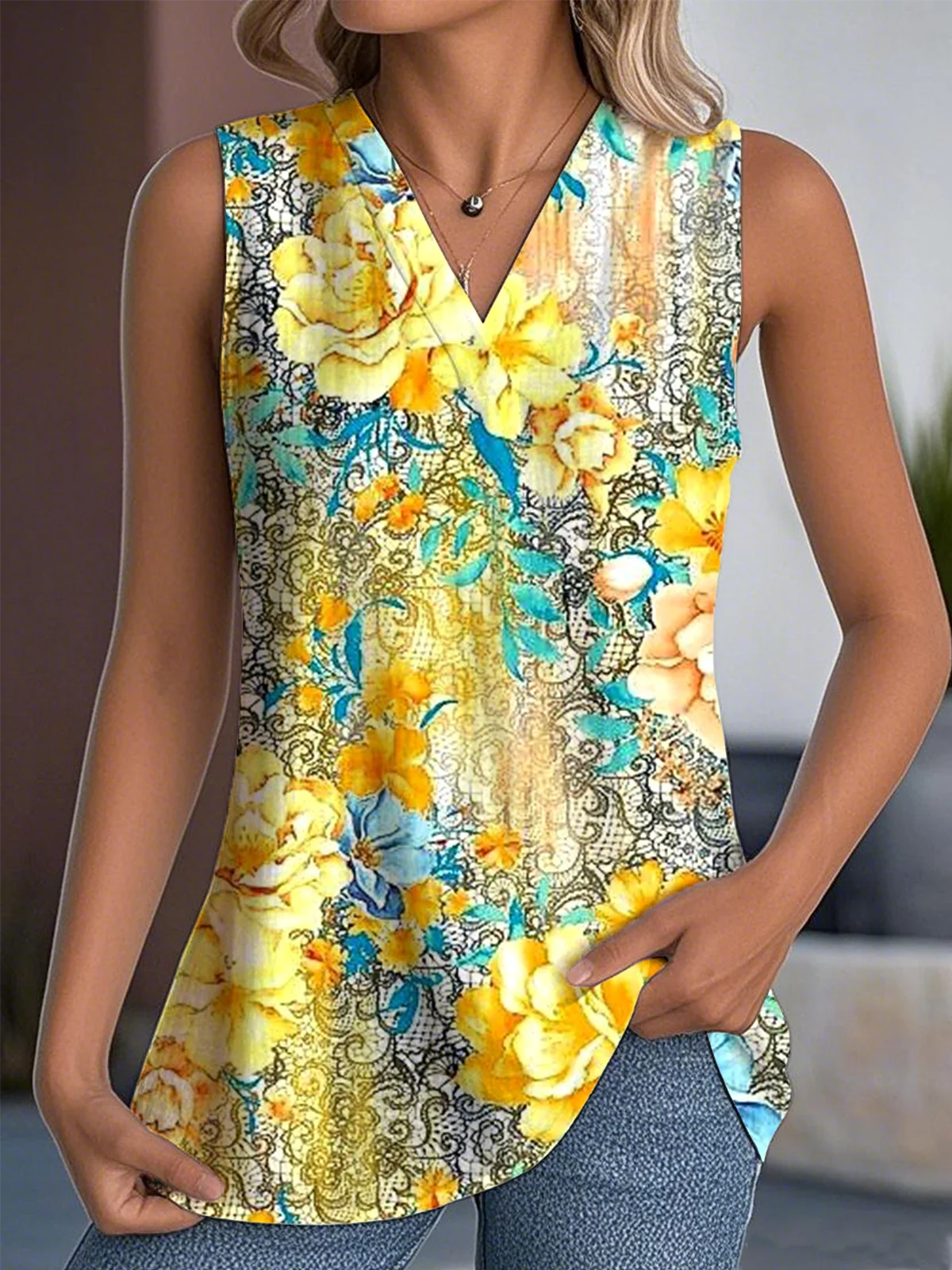 Casual V Neck Floral Tank Top