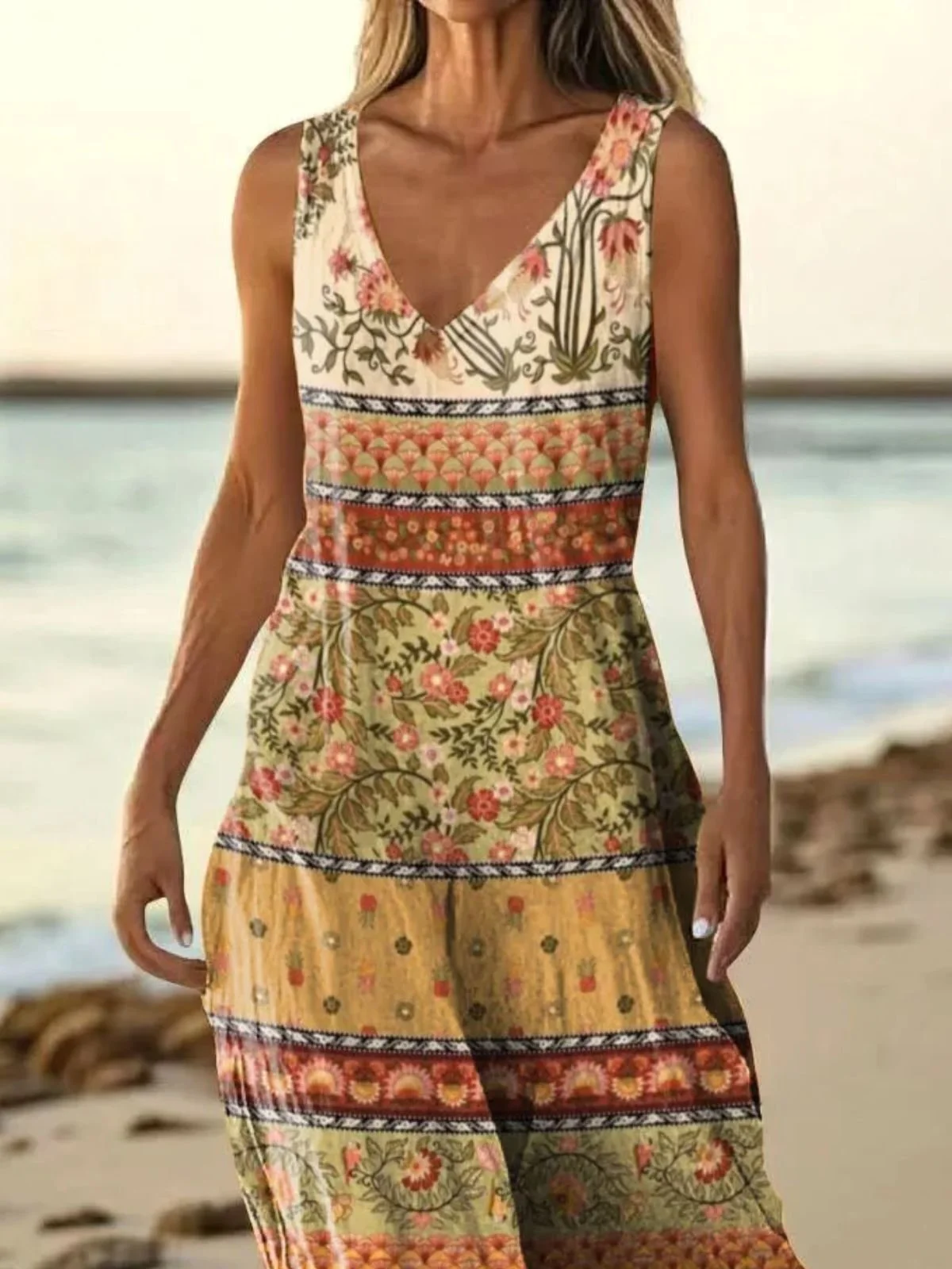 Women Floral Summer Dress V Neck Sleeveless A-Line Dress