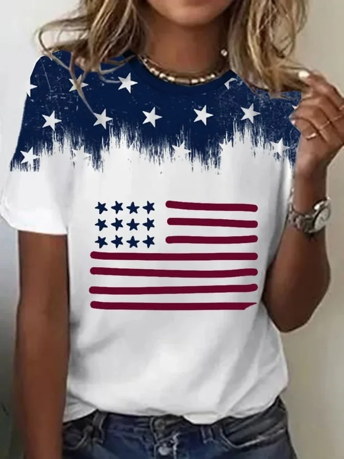Casual Independence Day (Flag) Crew Neck Short Sleeve T-shirt