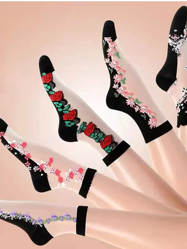 Hot Sale Women's Medium Tube Crystal Stockings Spring And Summer Thin Embroidered Glass Silk Women's Stockings Middle-aged And Elderly Non-slip Socks