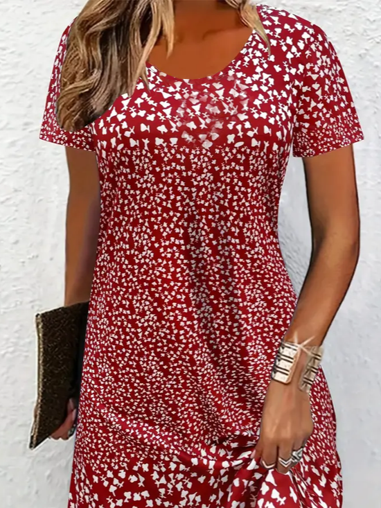 Women Ditsy Floral Summer Printing Dress Crew Neck Short Sleeve Tunic H-Line Dress