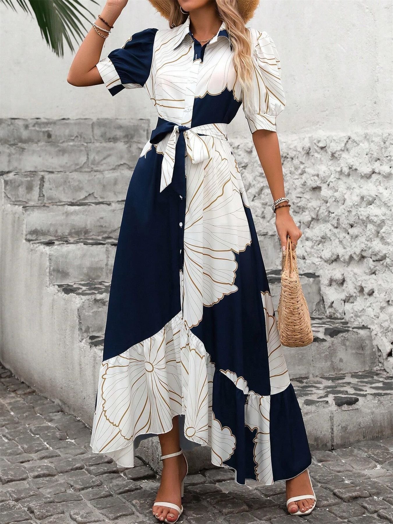 Women Geometric Puff Sleeve Summer Printing Dress V Neck Short Sleeve Shirt Dress A-Line Dress