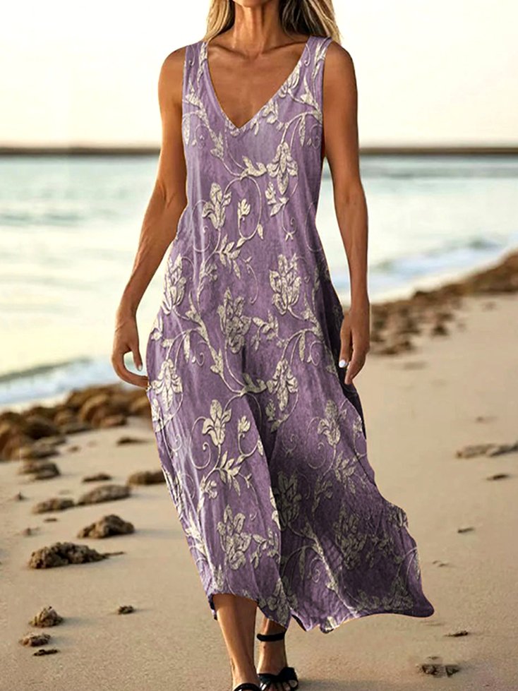 Women Floral Summer Dress V Neck Sleeveless A-Line Dress