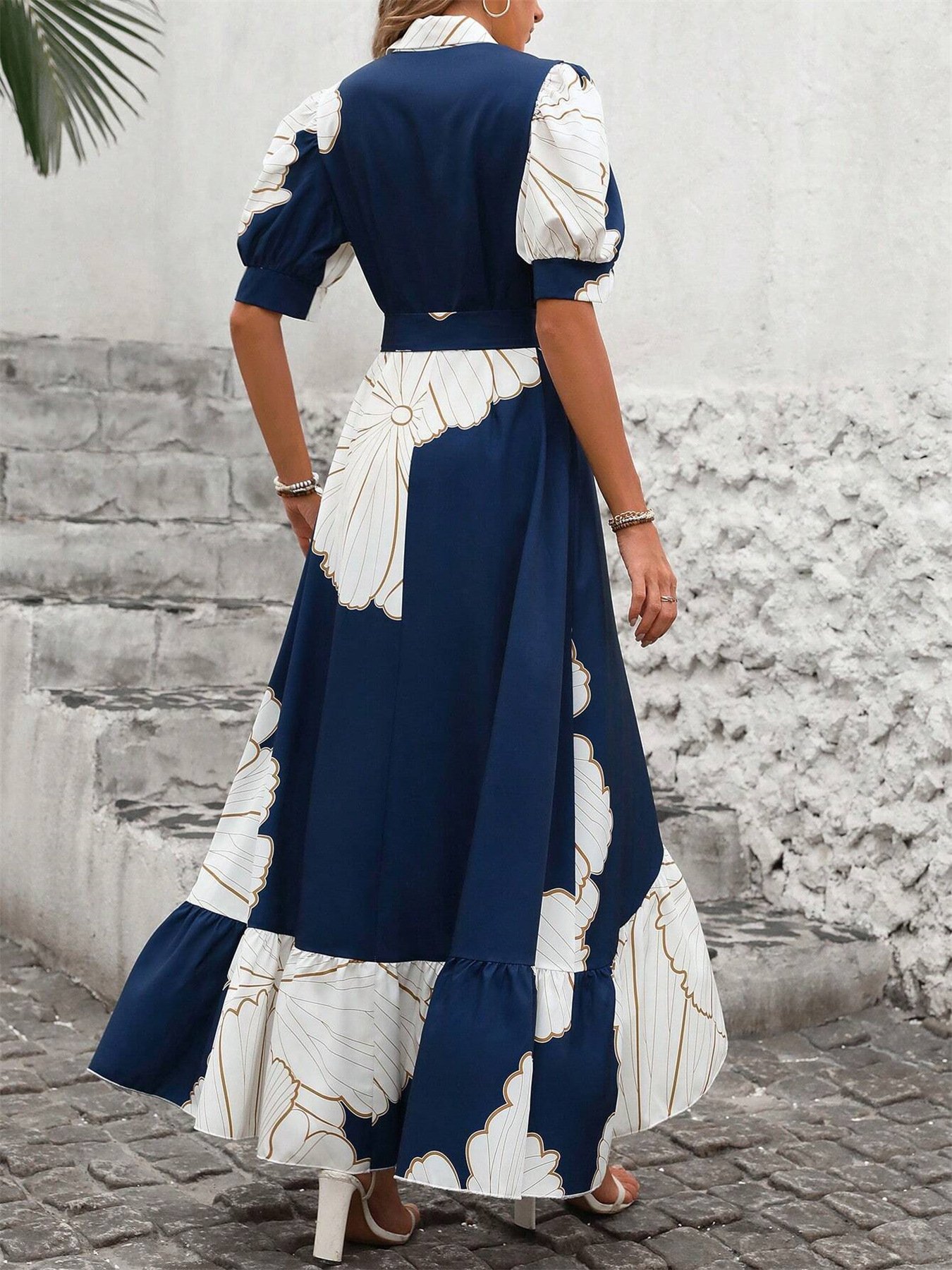 Women Geometric Puff Sleeve Summer Printing Dress V Neck Short Sleeve Shirt Dress A-Line Dress