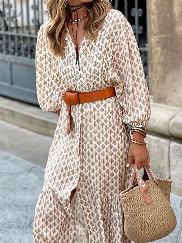Women Geometric Puff Sleeve Summer Printing Dress V Neck Short Sleeve Shirt Dress A-Line Dress