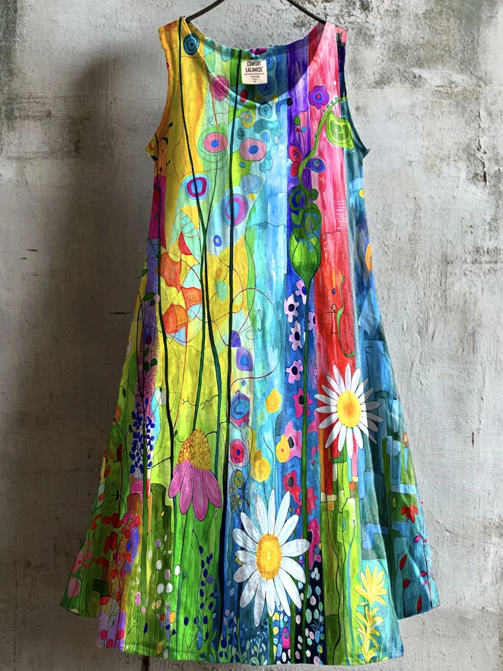 Women Floral Summer Dress Crew Neck Sleeveless A-Line Dress