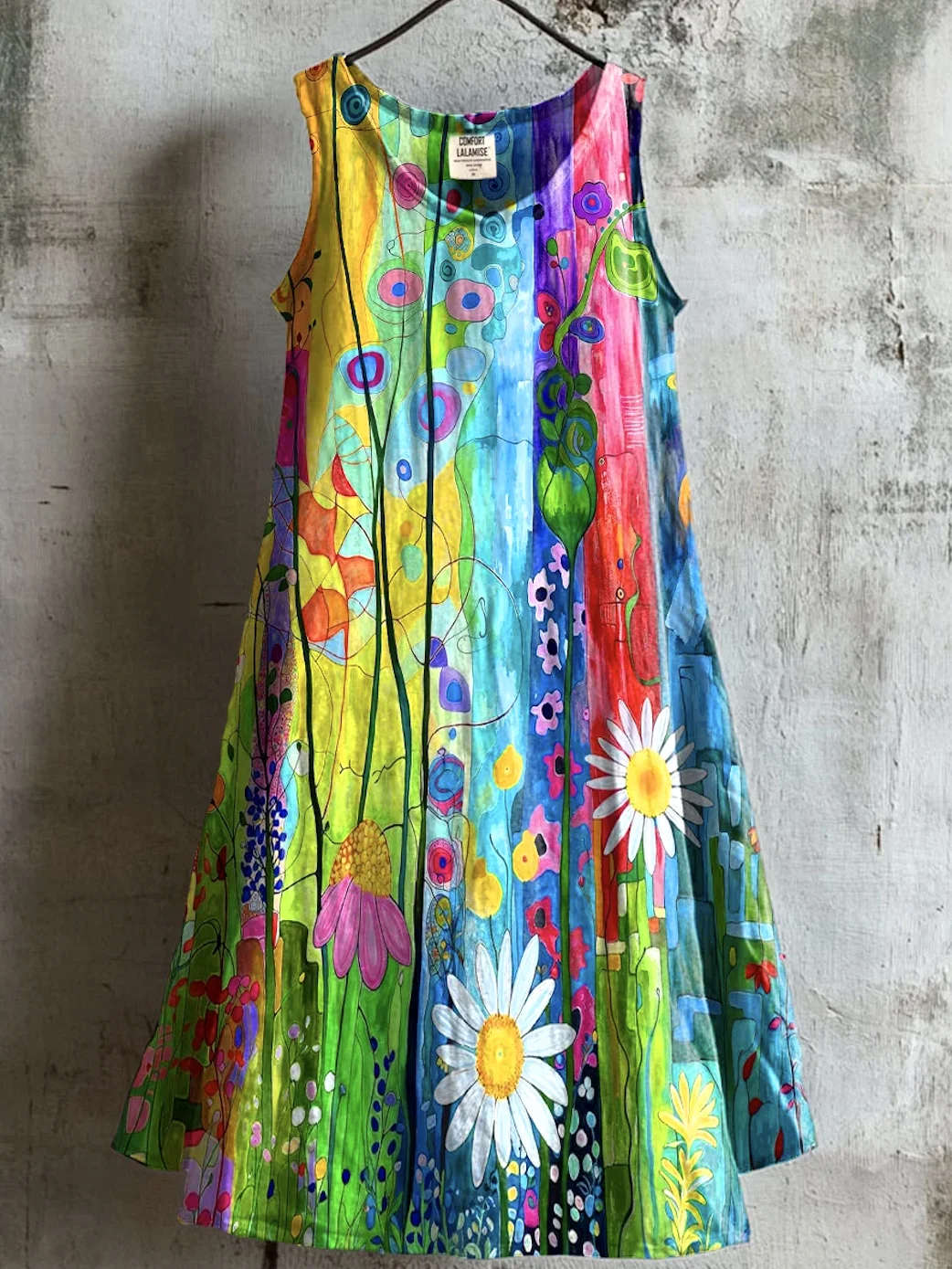 Women Floral Summer Dress Crew Neck Sleeveless A-Line Dress