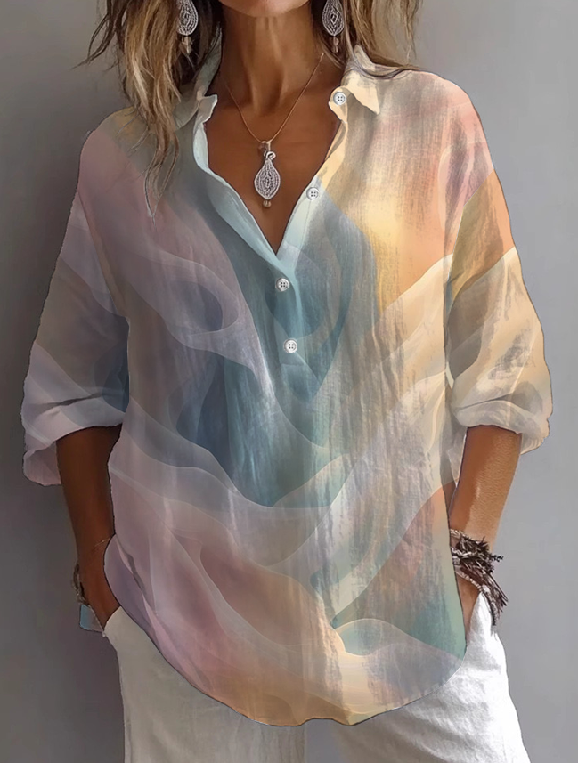 Shirt Collar Long Sleeve Abstract Printing Regular Loose Button Up Shirt Shirt For Women