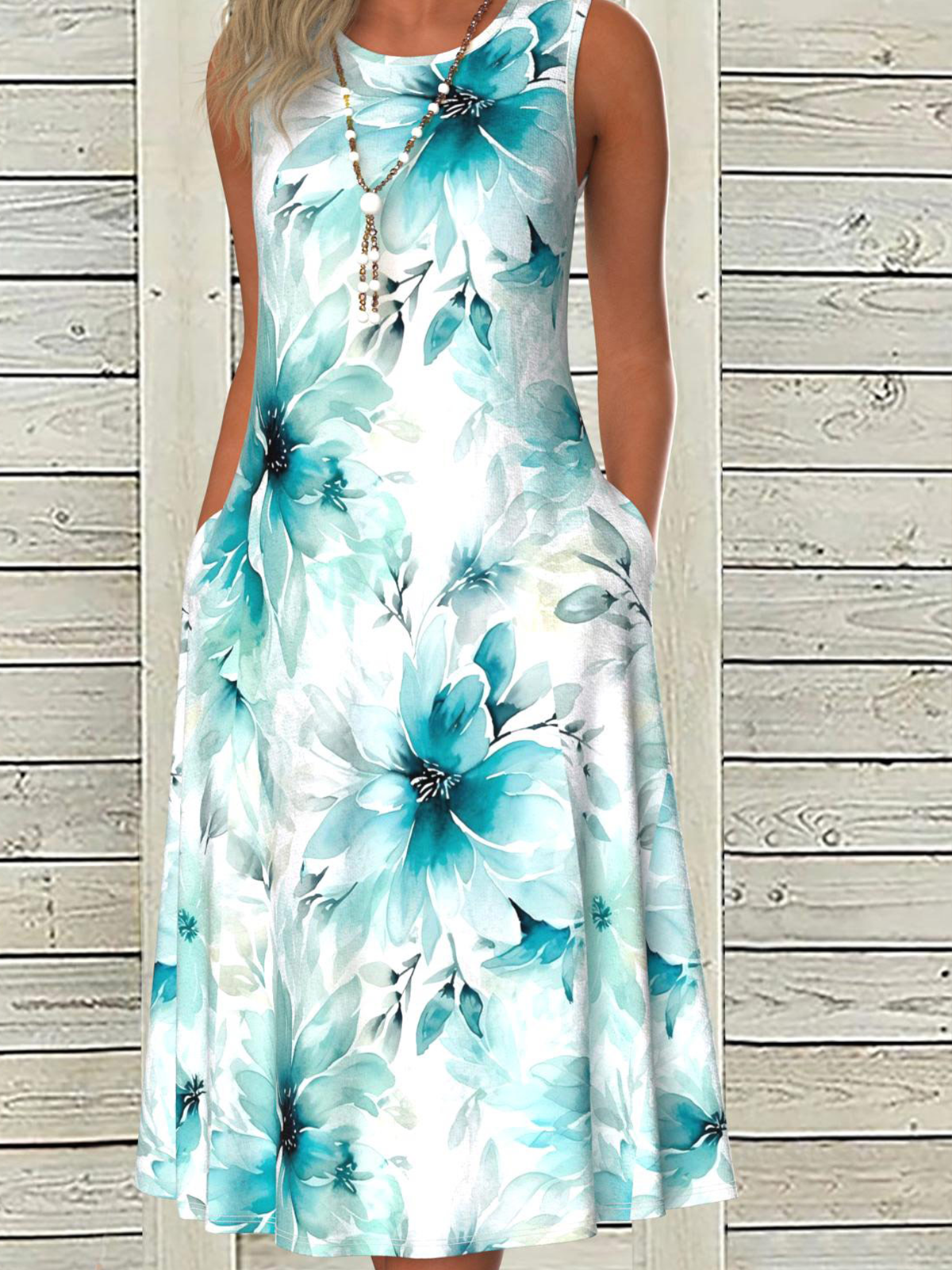 Women Floral Summer Dress V Neck Short Sleeve A-Line Dress