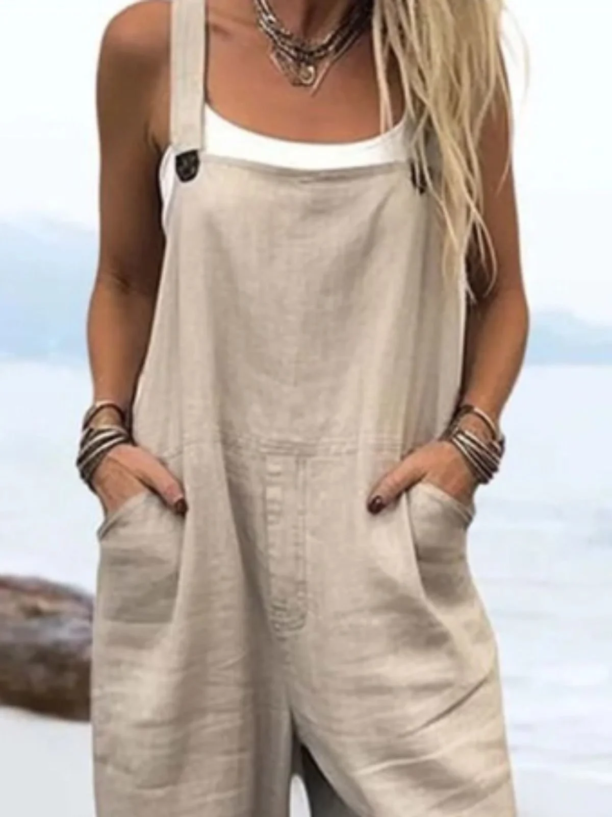 Women Plain Square Neck Gallus Casual Summer Linen Jumpsuits