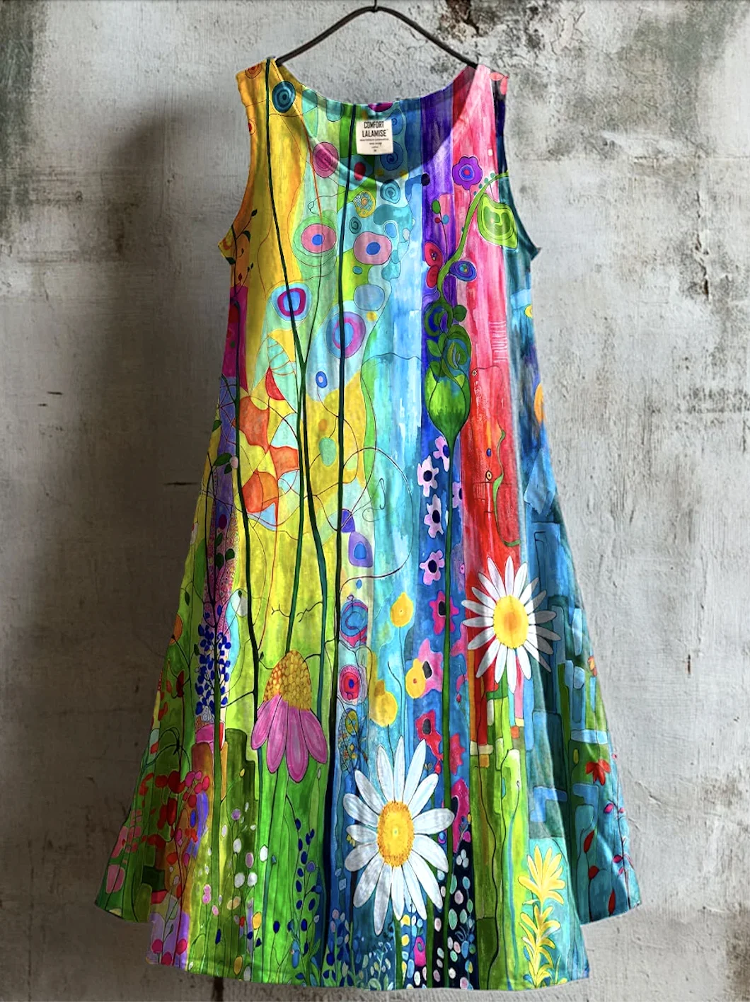 Women Floral Summer Dress Crew Neck Sleeveless A-Line Dress