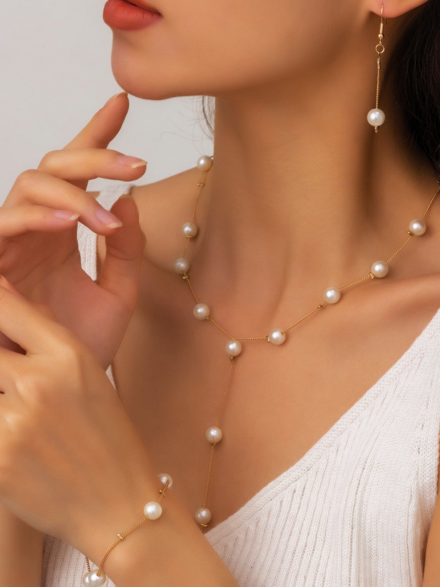 Jewelry Fashion Pearl Pendant Alloy Light Luxury Pearl Earrings Bracelet Earrings Necklace Three-piece Necklace