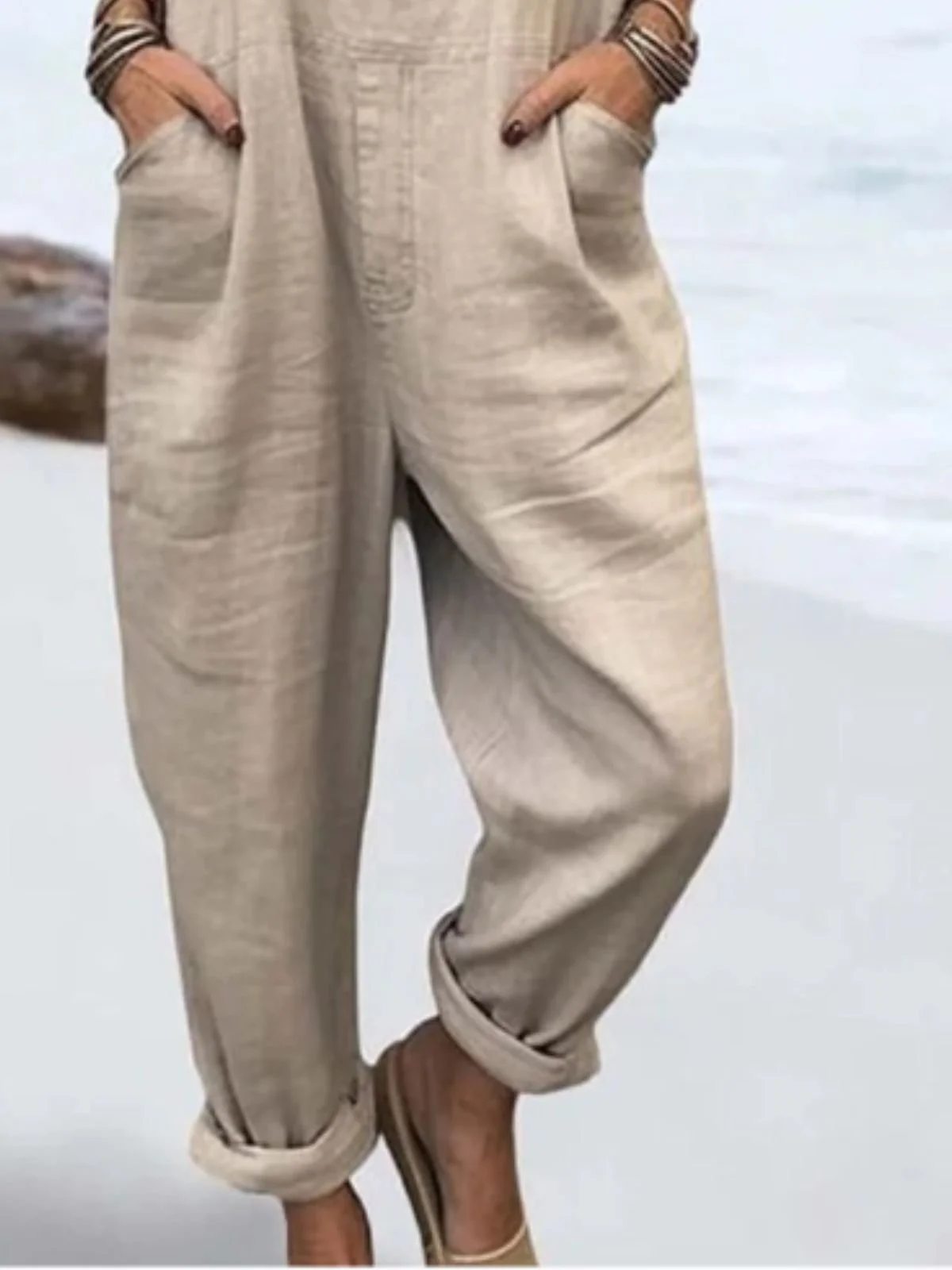 Women Plain Square Neck Gallus Casual Summer Linen Jumpsuits