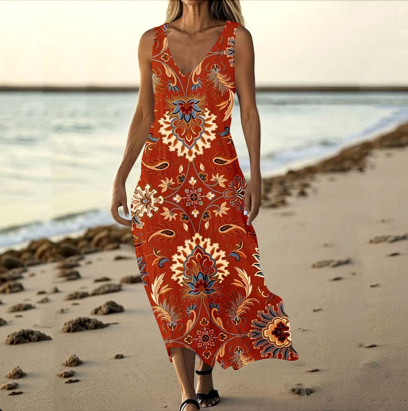 Women Floral Summer Dress V Neck Sleeveless Tank A-Line Dress