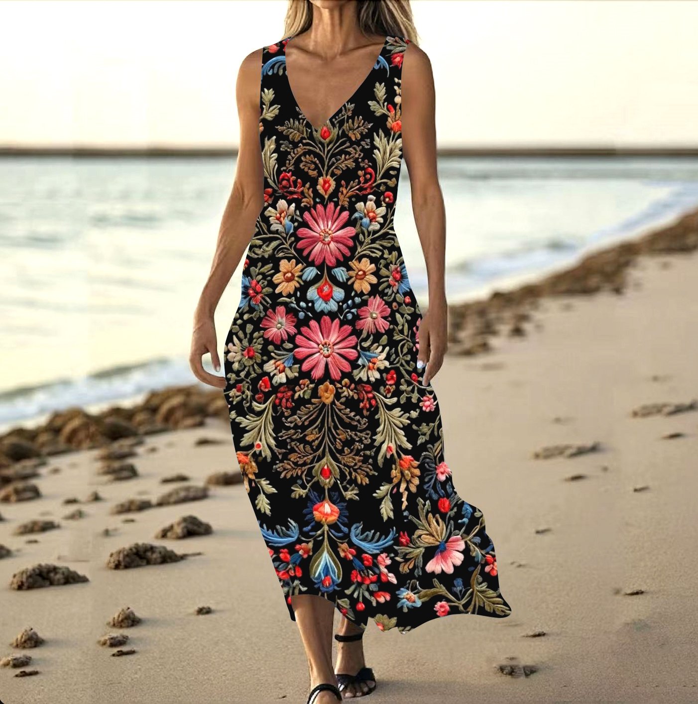 Women Floral Summer Dress V Neck Sleeveless Tank A-Line Dress