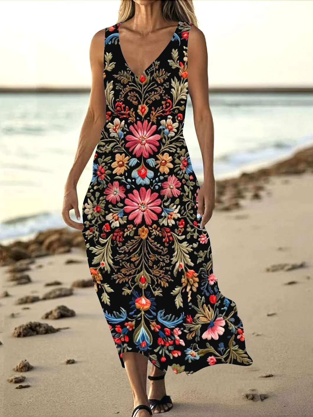 Women Floral Summer Dress V Neck Sleeveless Tank A-Line Dress