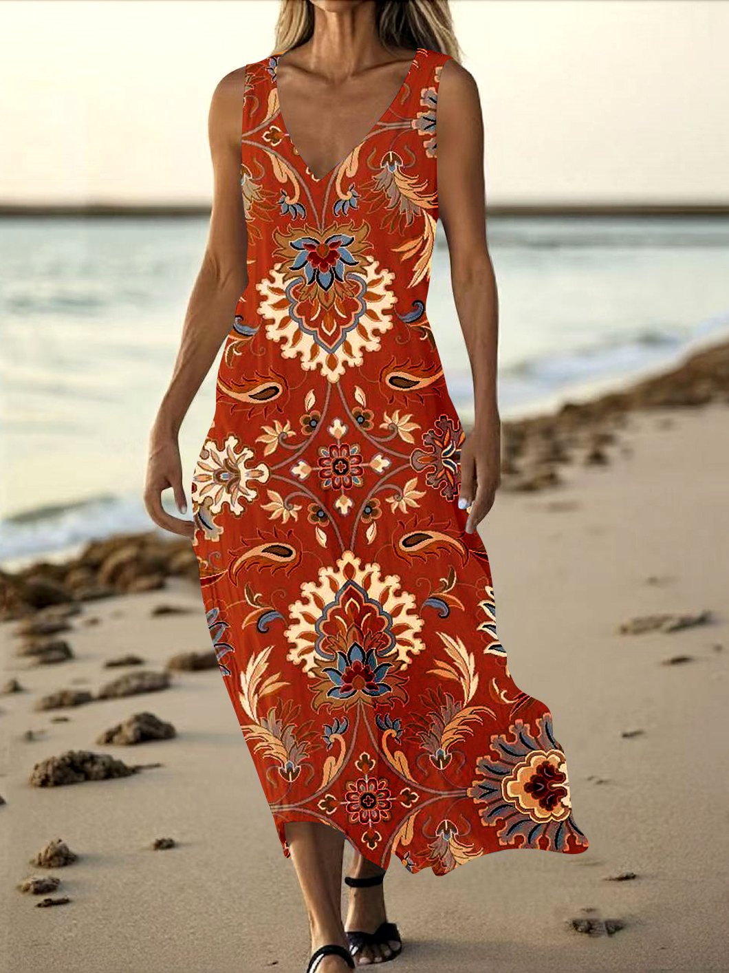 Women Floral Summer Dress V Neck Sleeveless Tank A-Line Dress