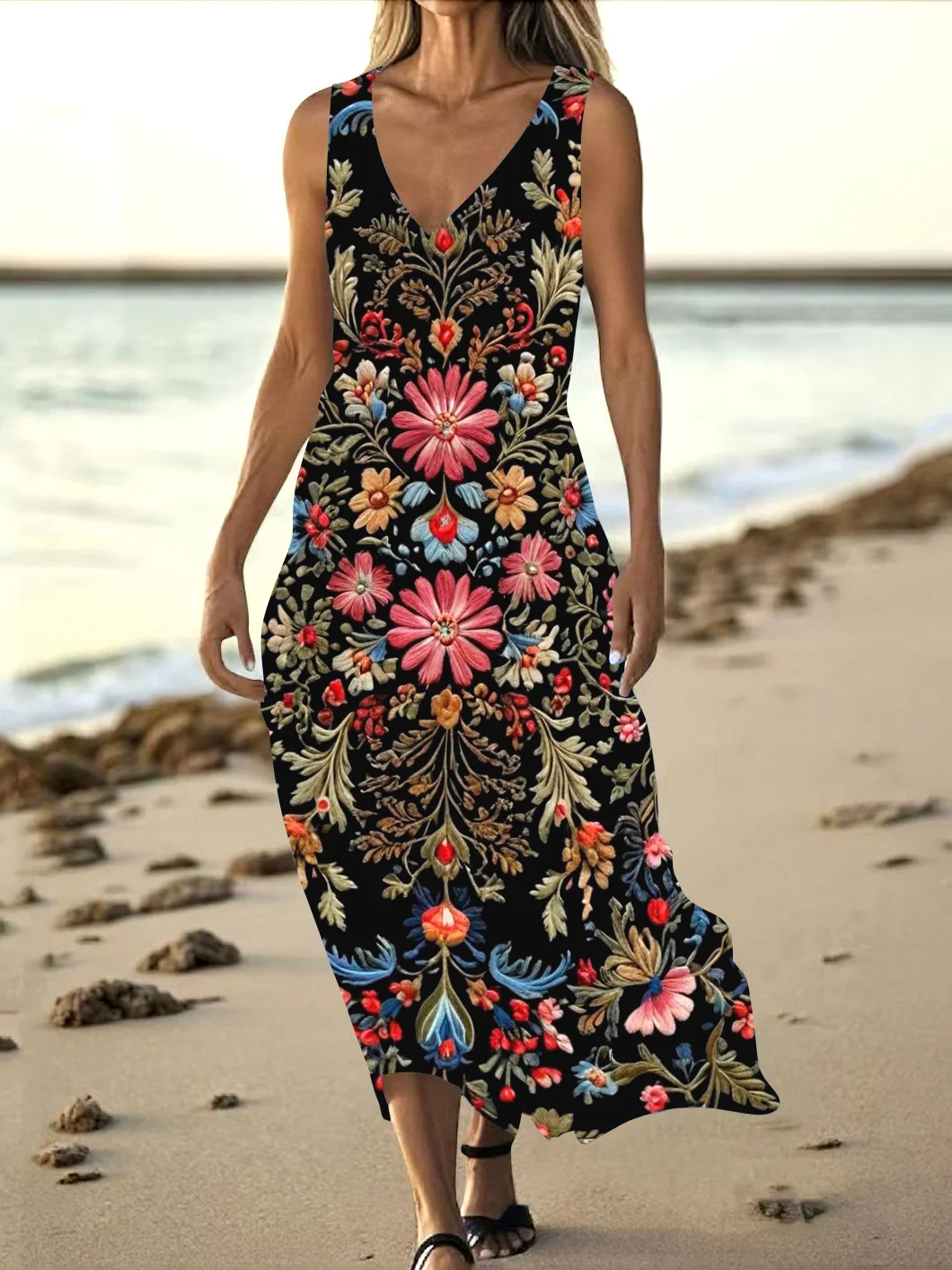 Women Floral Summer Dress V Neck Sleeveless Tank A-Line Dress
