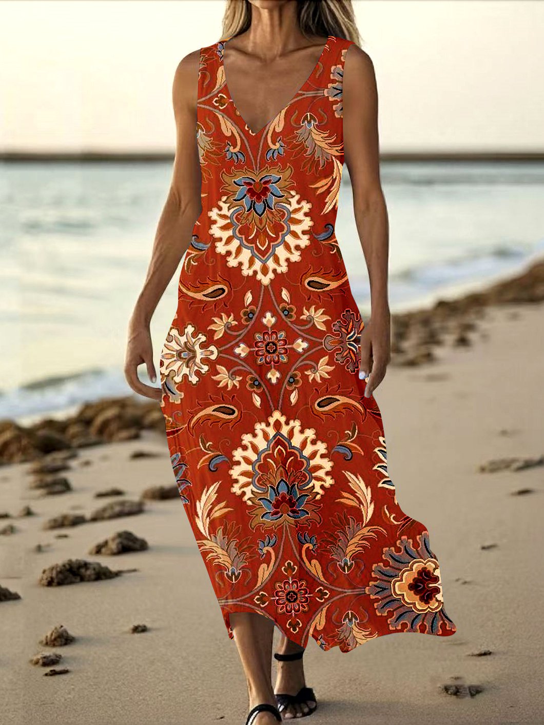 Women Floral Summer Dress V Neck Sleeveless Tank A-Line Dress