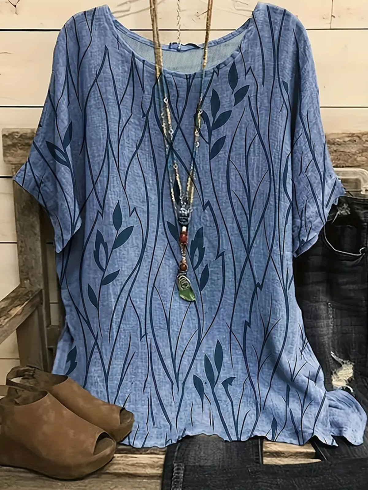 Vintage Plants Crew Neck Three Quarter Sleeve T-shirt