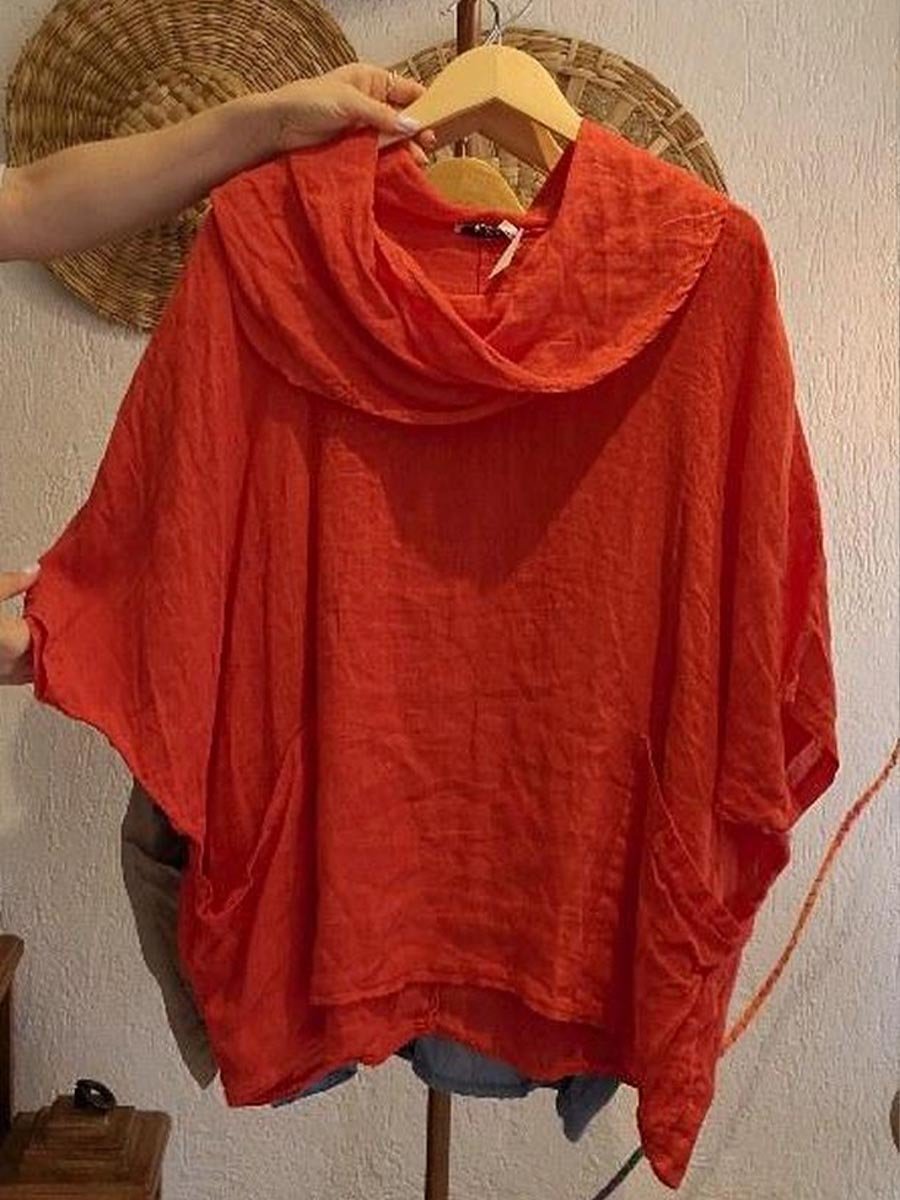 Shawl Collar Half Sleeve Plain Regular Micro-Elasticity Loose Shirt For Women