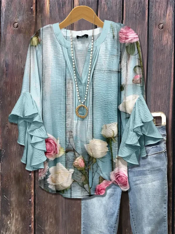 V Neck Half Sleeve Floral Printing Regular Loose Shirt For Women