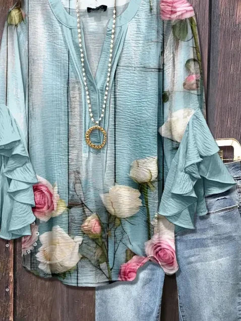 V Neck Half Sleeve Floral Printing Regular Loose Shirt For Women