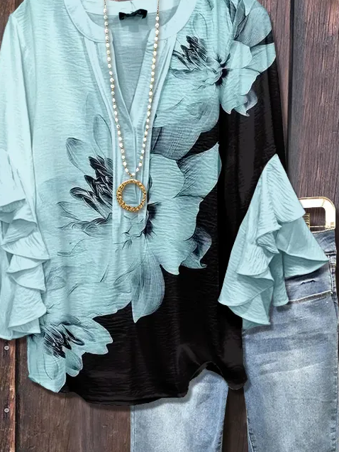 V Neck Half Sleeve Floral Printing Regular Loose Shirt For Women