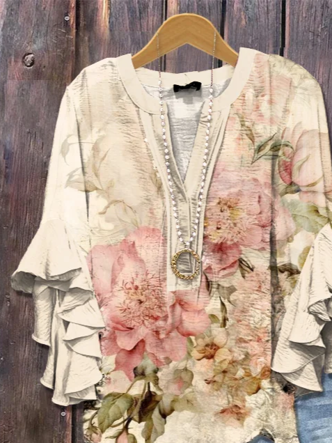 V Neck Half Sleeve Floral Printing Regular Loose Shirt For Women
