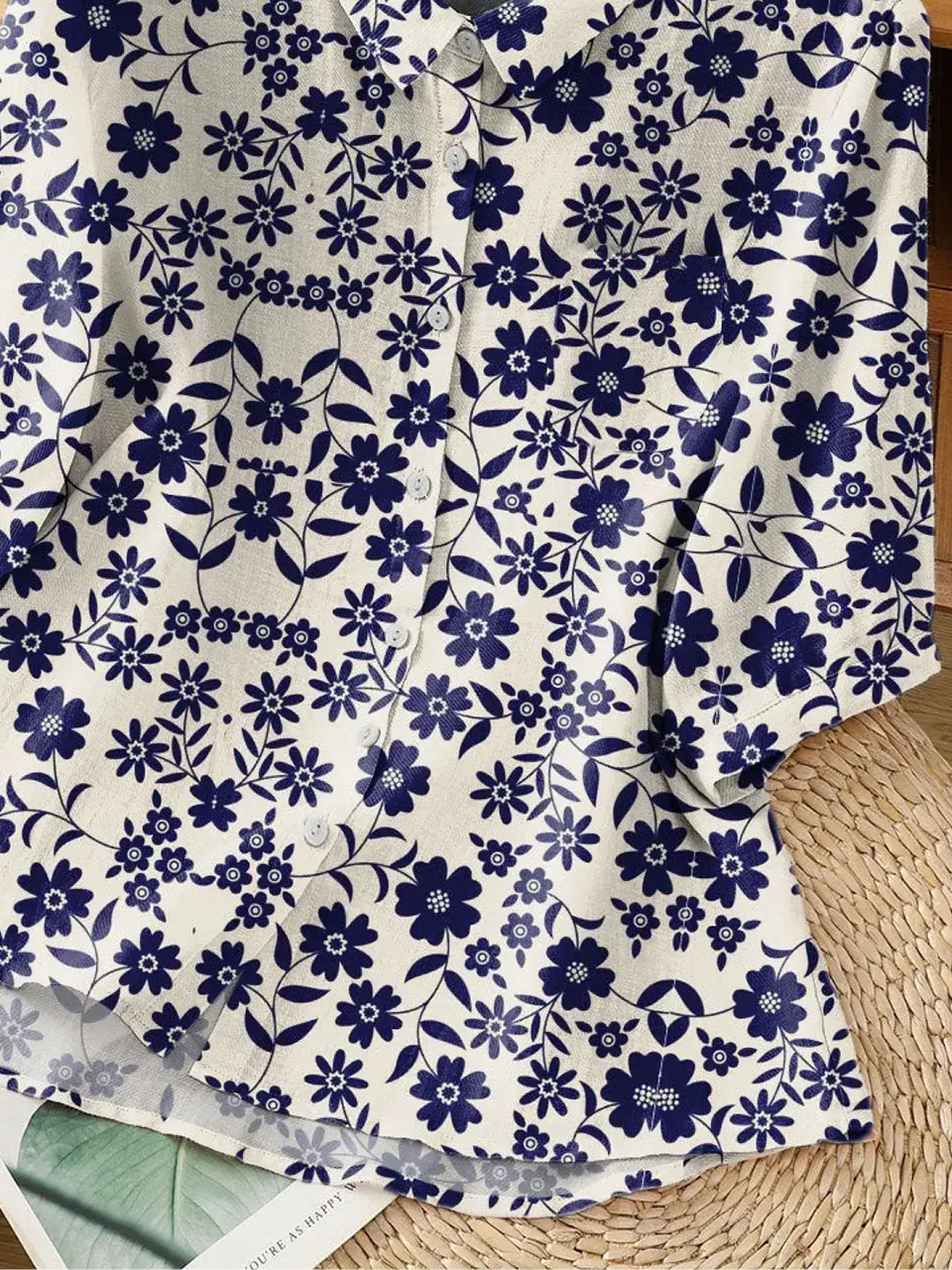 Shirt Collar Three Quarter Sleeve Floral Regular Loose Shirt For Women