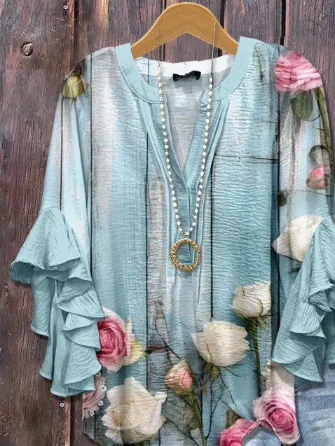 V Neck Half Sleeve Floral Printing Regular Loose Shirt For Women