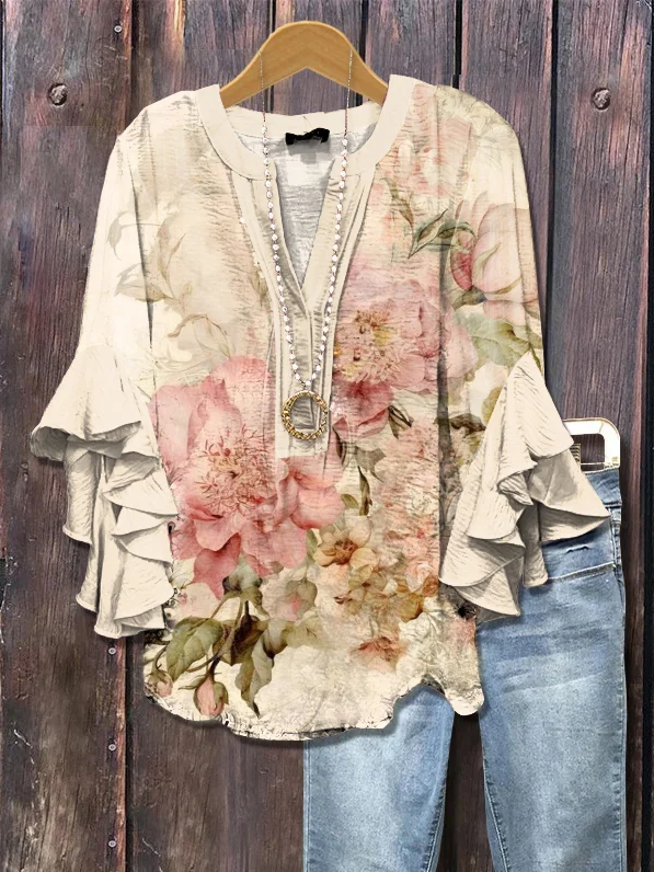 V Neck Half Sleeve Floral Printing Regular Loose Shirt For Women