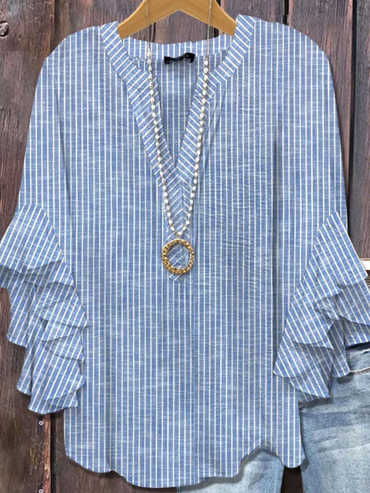 V Neck Half Sleeve Striped Regular Micro-Elasticity Regular Fit Blouse For Women