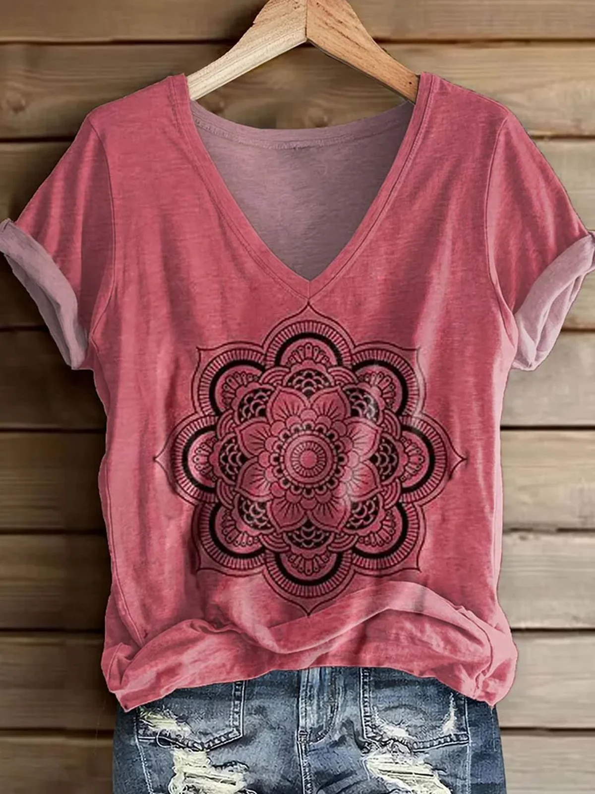 Casual Ethnic Geometry V Neck Short Sleeve T-shirt