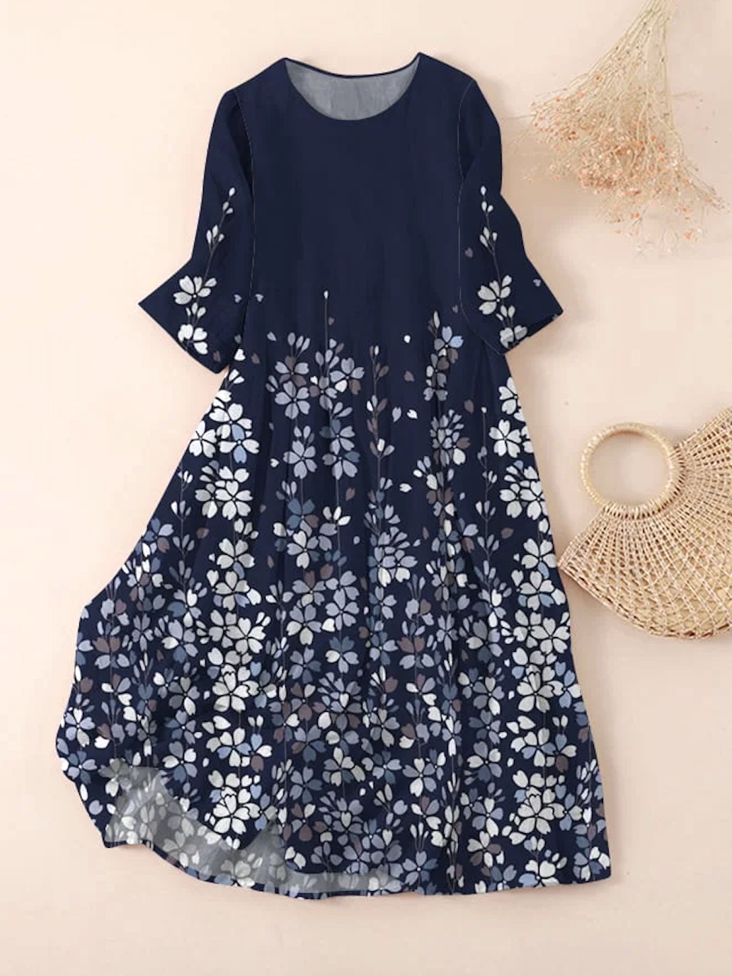 Women Floral Spring/Fall Dress Crew Neck Long Sleeve A-Line Dress