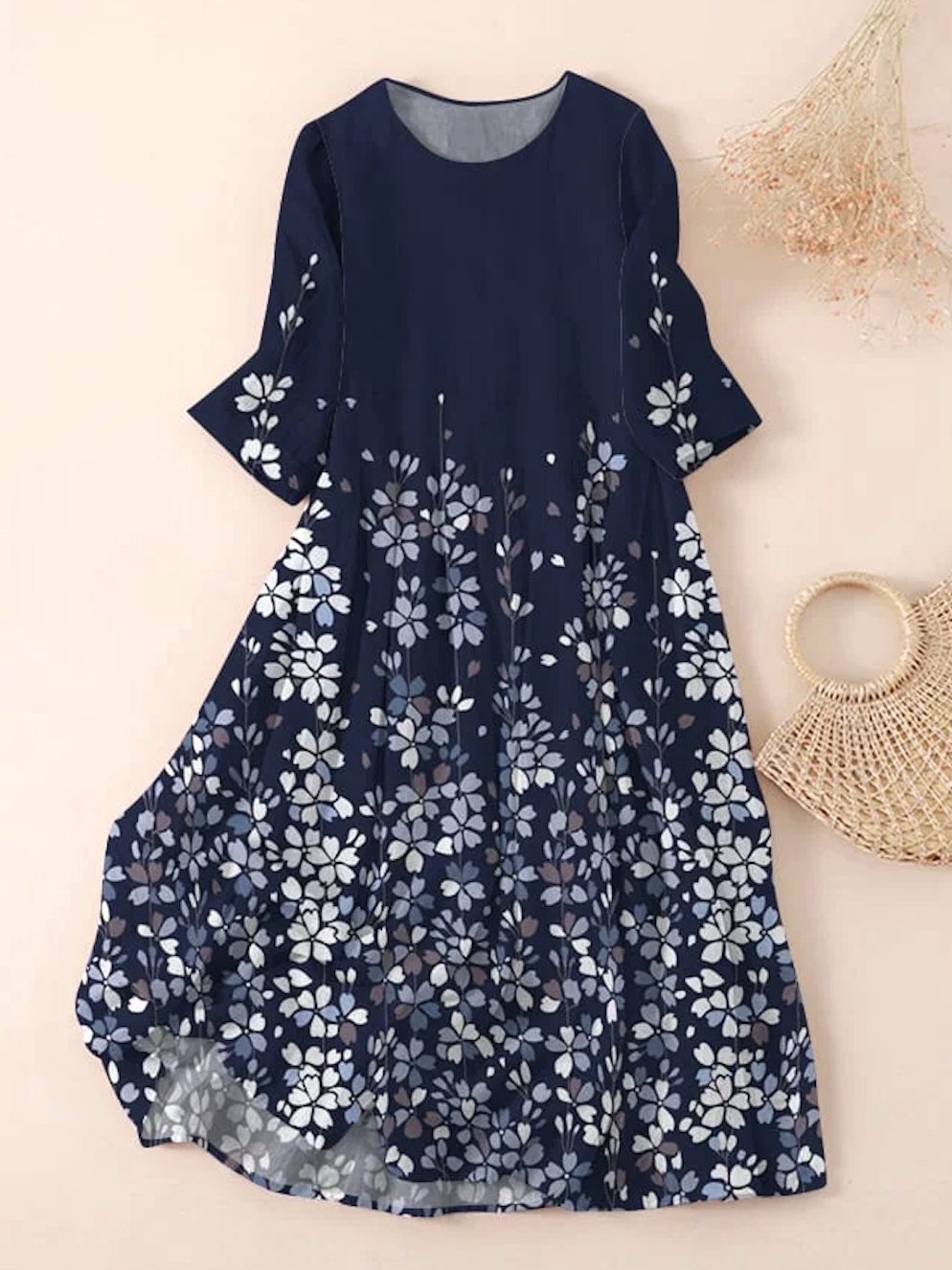 Women Floral Spring/Fall Dress Crew Neck Long Sleeve A-Line Dress
