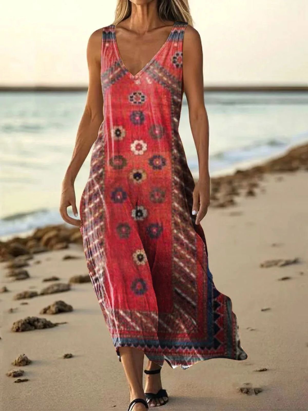 Women Floral Summer Dress V Neck Sleeveless A-Line Dress