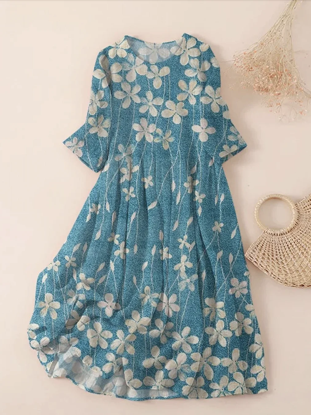 Women Floral Spring/Fall Dress Crew Neck Three Quarter Sleeve A-Line Dress